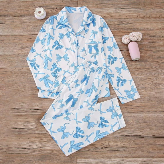 Gapacks Womens Sky Blue Bow Print Loungewear Set - Long Sleeve Top, Elastic Waist Pants, Soft Stretch, Sizes S-XXL,Size 2XL