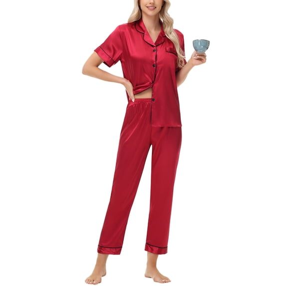 Gapacks Womens Wine Silky Pajama Set - 100% Polyester Short Sleeve Button-Front Top & Long Pants, Notch Collar, Inclusive S-XXL for Sleeping & Lounging,Size M