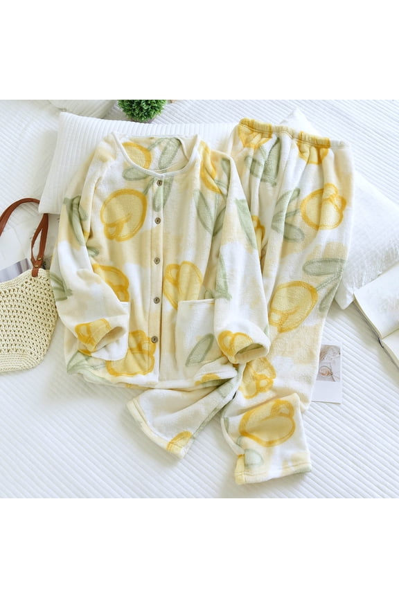 Womens Yellow Lemon Print Loungewear Set - Nylon Spandex Soft Stretch 2-Piece with Button-Front Top & Elastic-Waist Pants, Sizes M/L/XL,Size XL