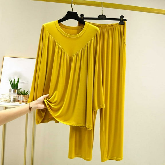 Gapacks Yellow Womens Soft Pajama Set - Modal Cotton Polyester, Loose Fit Long Sleeve with Elastic Waist, Size L/XL, Breathable for Sleeping & Lounging,Size L