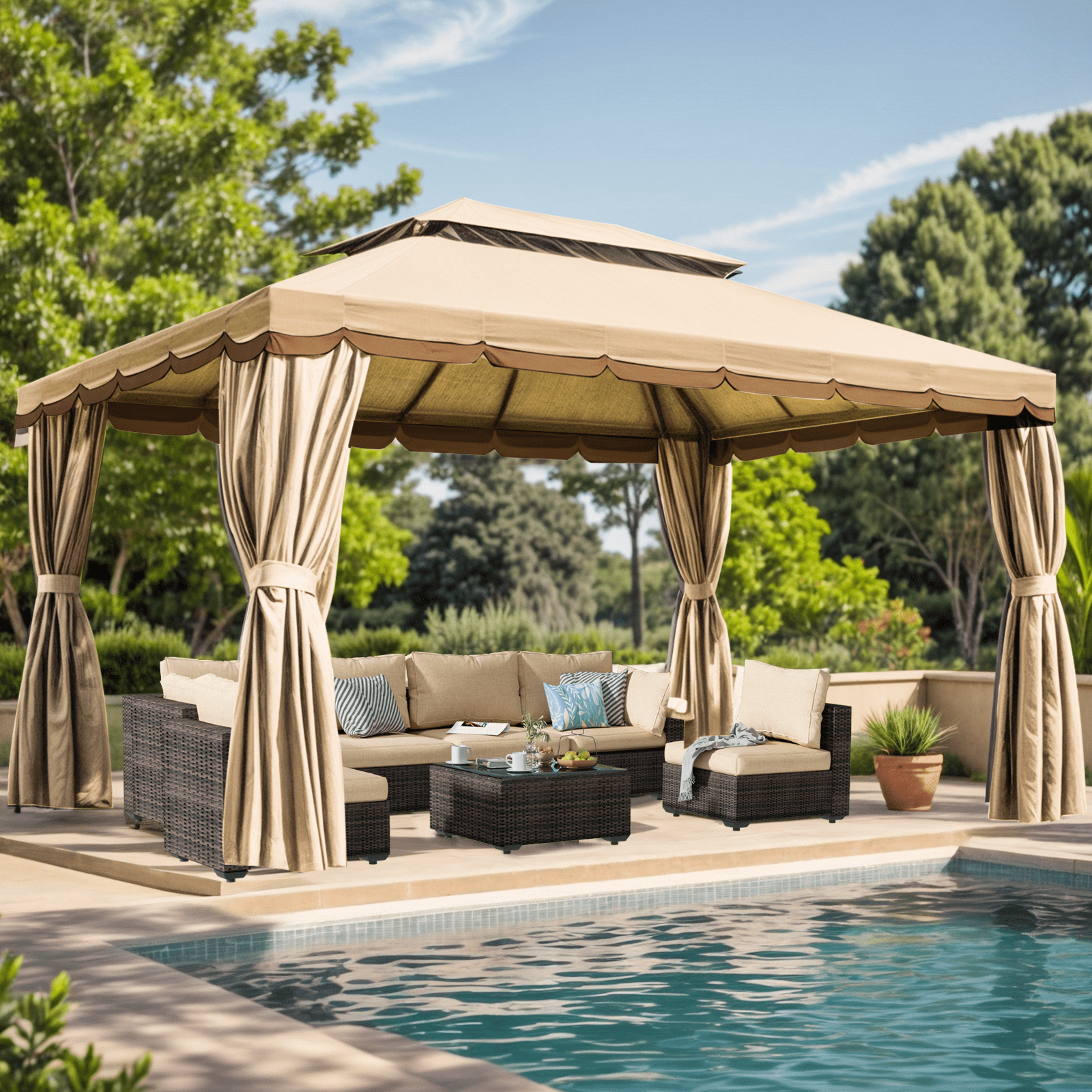 Gaptain 10×12 FT Deluxe No Screws Gazebo,Double Roof Outdoor Shelter Tent with Mosquito Nettings and Privacy Screens, Beige