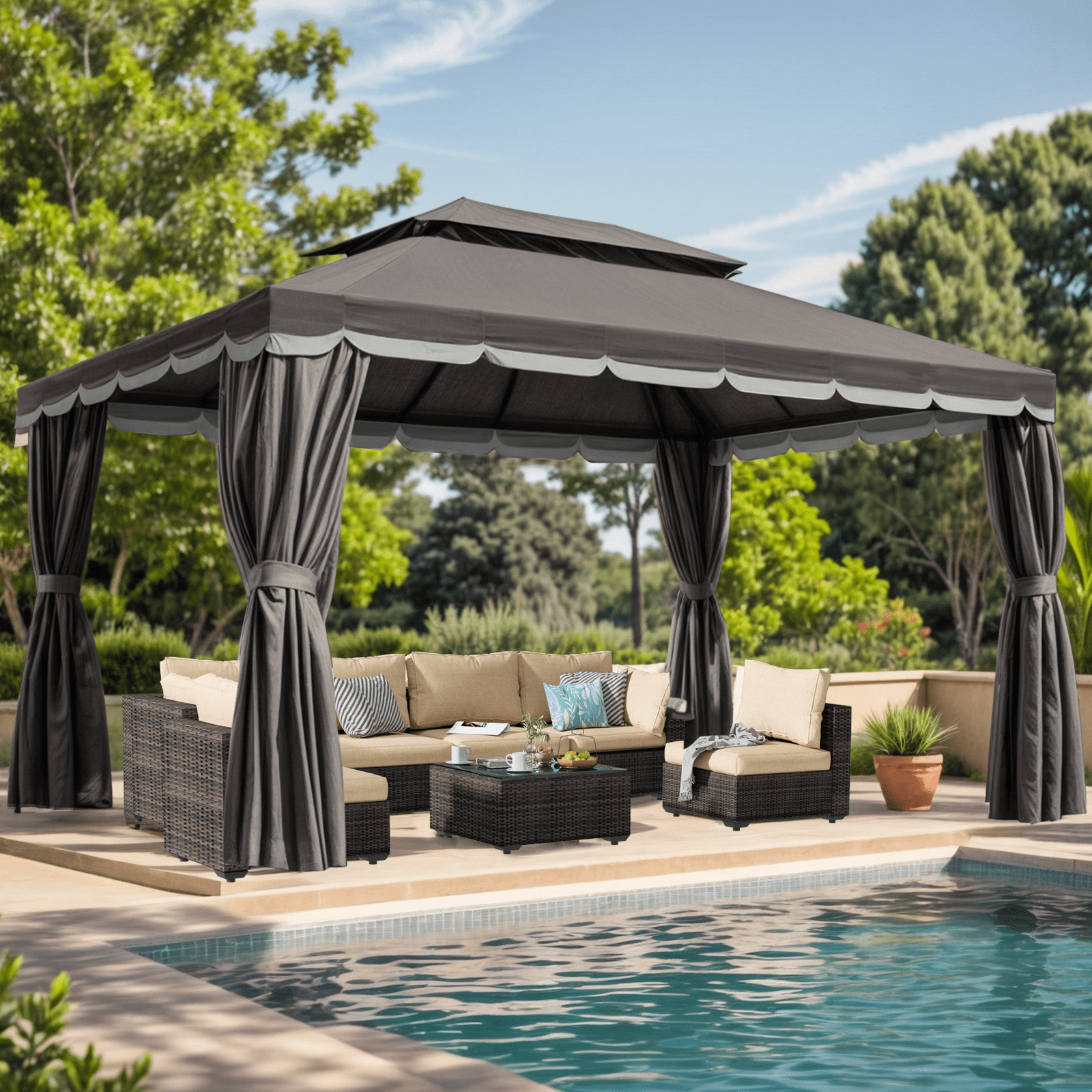 Gaptain 10×12 FT Deluxe No Screws Gazebo,Double Roof Outdoor Shelter Tent with Mosquito Nettings and Privacy Screens