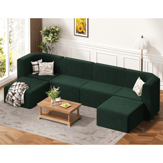 Gaptain Corduroy Sponge Sofa Lounge Chair Fluffy Modern Sleeper Chair With Removable Footrest for Indoor Living Room and Bedroom No Assembly Needed, Green