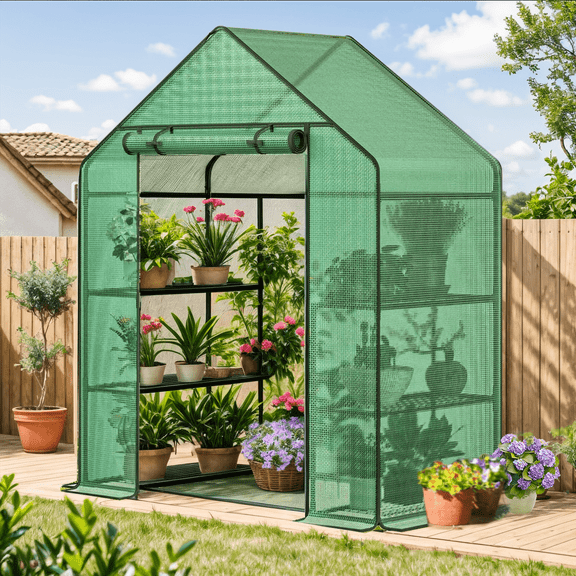 Gaptain Small Greenhouse with Anchors and Ropes, 3 Tier 4 Wired Shelves Indoor and Outdoor Greenhouse for Garden/Patio/Backyard/Balcony, Green PE Cover Easy to Assemble