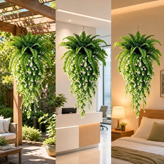 Gaqring 36 Inch Artificial Hanging Fern, Lifelike Mixed Foliage with White Flowers Fake Trailing, Weather Resistant Fade-Proof Greenery for Indoor Outdoor Garden Decor
