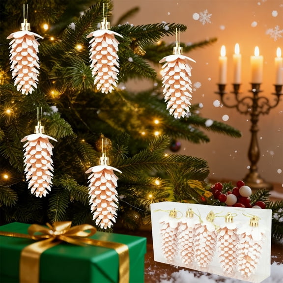 Gaqring 5-Piece Christmas Pinecone Fruit Ornaments, 9cm Plastic Hanging Decor Set, Beige Tree Decorations for Christmas Tree