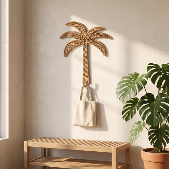 Gaqring Imitation Rattan Woven Coconuts Tree Shaped Decor, Wall Rack with Hooks, Key Holder Organizer for Hats Towels Entryway Living Room