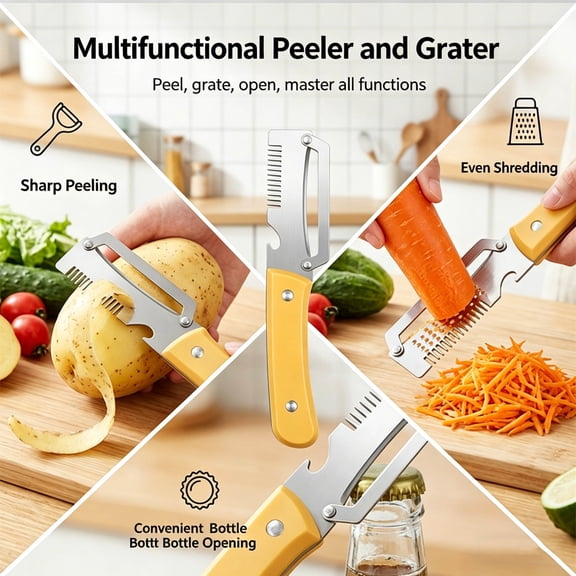Gaqring Multi-Functional Peeler and Grater, Stainless Steel Efficient Peeling and Grating Tool, Ergonomic Kitchen Gadget for Cheese Vegetables Zest