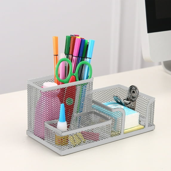 Pen Organizer for Desk, Gaqring Metal Mesh Pencil Holder with Non-Slip Base, 3 Compartment Office Desktop Organizer for Pens Phone Supplies