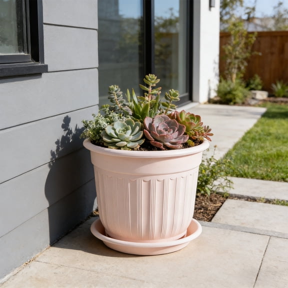 Gaqring Retro-Style Faux-Ceramic Planter, Breathable Rhizome Controlling Plastic Pot, 8 Inch Container with Drainage Tray for Green Plants Home Decor, Pink