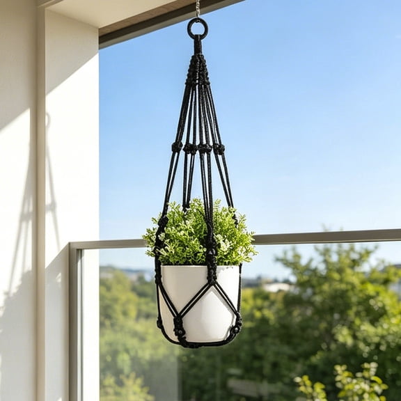 Gaqring Woven Net Rope Hanging Basket, Cotton Holder with Adjustable Cords, Boho Planter for Indoor Outdoor Flower Pot Balcony Garden Wall Ceiling, Black