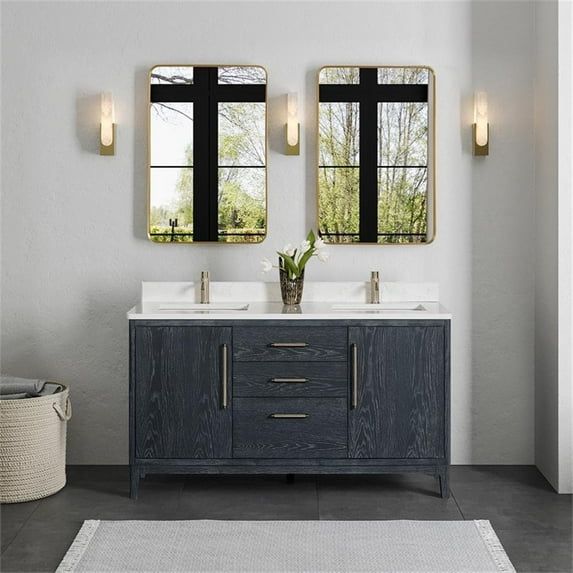 Gara 60" Double White Grain Composite Stone Countertop Vanity in Washed Blue