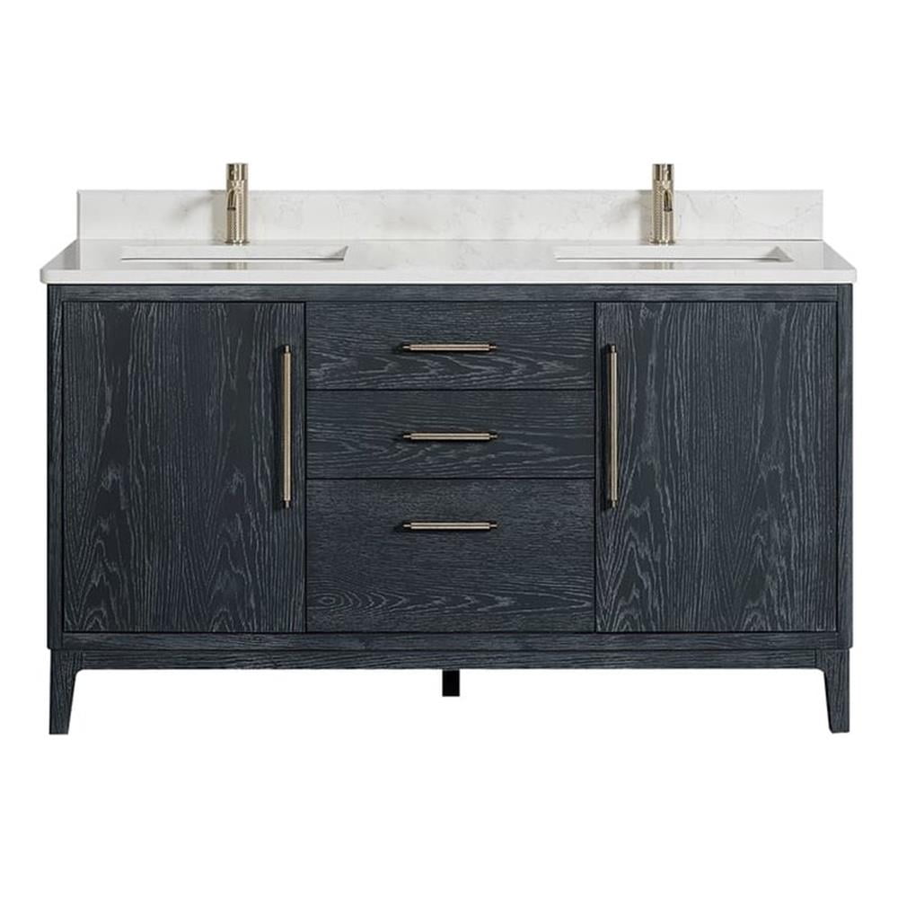 Gara 60" Double Vanity with White Stone Countertop and Dark Wood Finish
