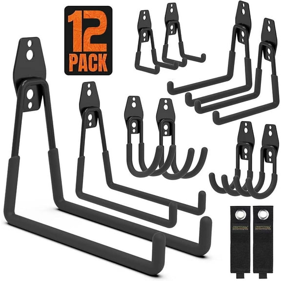 Gara Hooks, 12 Pack Wall Stora Hook Includes 2 Extension Cord Holder, Utility Organization, Heavy Duty Wall Mount Hanrs for Hanging Bike, Ladder, Garden Tools