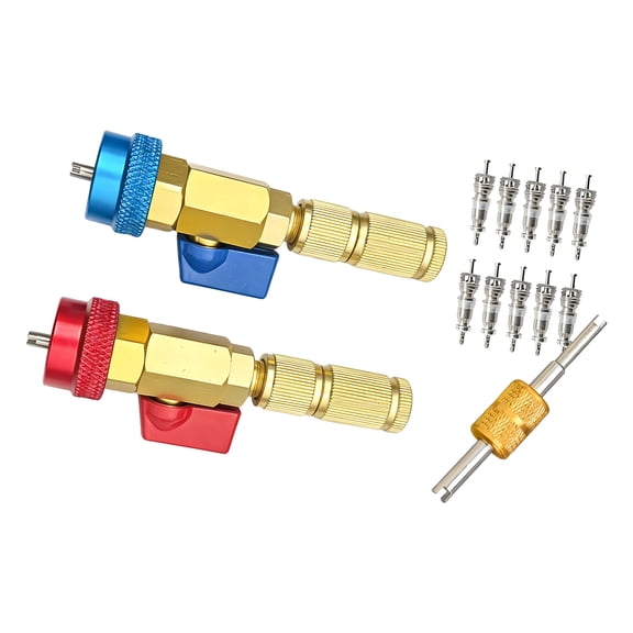 Garage AC Port Service Tool Set, Brass R134a Valves Cores Remover with High Low Couplers and Double End Wrench for Shop Use