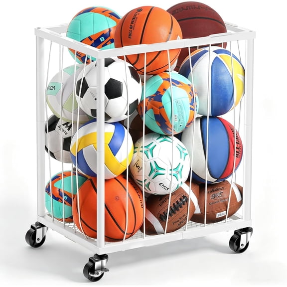 Garage Ball Rolling Storage Rack Large Capacity Basketball Holder with Elastic Rope [Hold 12-15 Balls][Easy to Take] Garage Sports Equipment Organizer cart with Wheels for Home, Outdoor Use