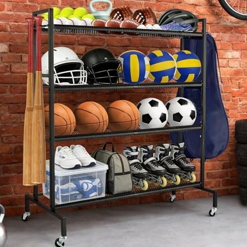 Garage Balls Storage Rack with Baseball Bat Hooks & Baskets, Basketball Holder Stand Rolling Ball Cart with Wheels, Garage Sports Equipment Organizer, Basketball Racks for Balls, Garages Organizer