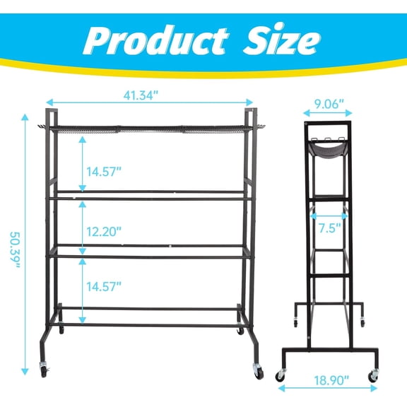 Garage Balls Storage Rack with Baseball Bat Hooks & Baskets, Basketball Holder Stand Rolling Ball Cart with Wheels