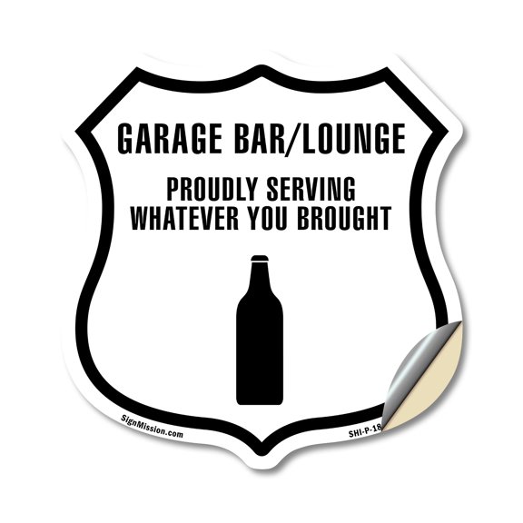 Garage Bar Lounge Proudly Serving Whatever You Brought (2 Pack) 6 inch X 6 inch Shield Shaped Heavy Duty 3.2 mil Vinyl Decals Weather Resistant Made in the USA