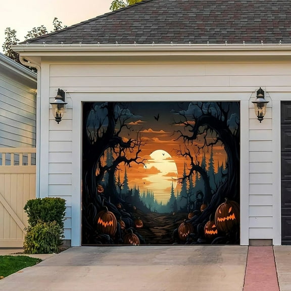 Garage Buddy Halloween Door Cover with Spooky Pumpkins and Skeletons, Garagebuddy Door Cover Halloween Decoration for Outdoor Party Yard Front