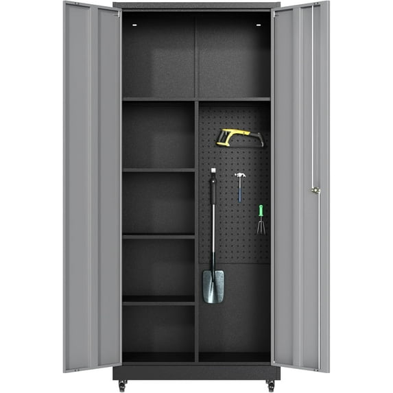 Garage Cabinet with 4 Wheels, 71" H Tool Storage Cabinets, Garage Storage Cabinets with Adjustable Shelves, Broom Closet Cabinets for Utility Room,Workshop