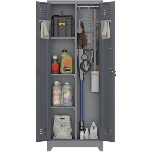 Garage Cabinet,Brooom Closet Storage Cabinet with Locking Door,Utility Closet Cabinets with Pegboard for Basement,Laundry Room,Grey$$Tools