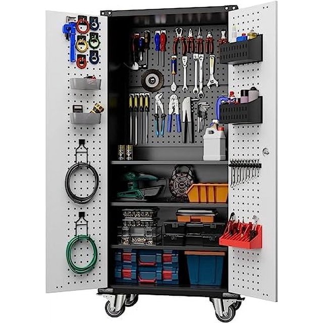 Garage with Wheels & Pegboard 72" H Locking Metal with Doors and Shelves Rolling