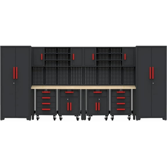 Garage Cabinets Storage System12PCS Workshop Set with Steel Cabinet Drawers, Rolling Chest, Workbench, Pegboard for Tool Organization