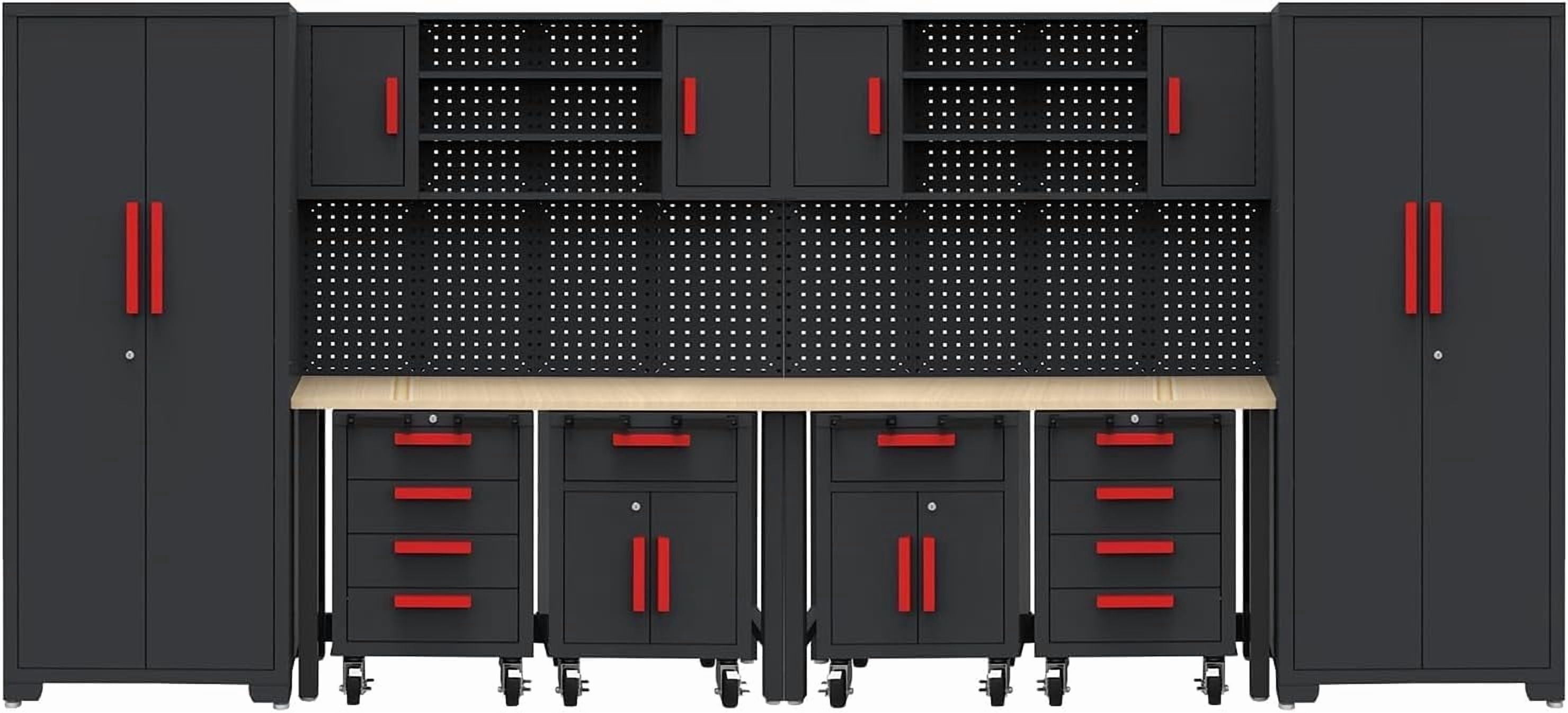 HPDMC Garage Cabinets Storage System，12PCS Workshop Set with Steel Cabinet Drawers, Rolling Chest, Workbench, Pegboard for Tool Organization