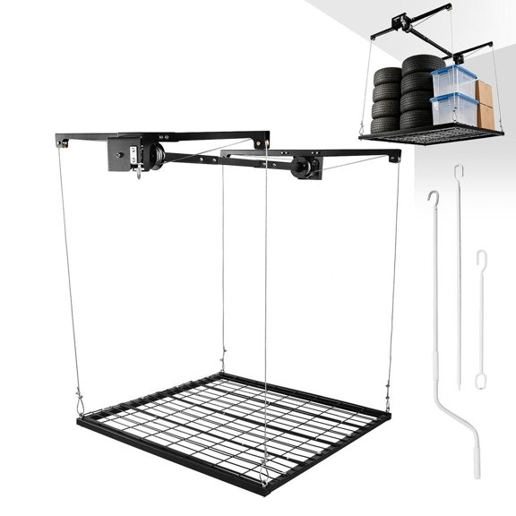 Garage Ceiling Storage Rack 4x4 FT, Heavy-Duty Overhead Lift System with 325 lb Capacity and Safety Lock, Space-Saving Drop-Down Organizer for Garage and Workshop
