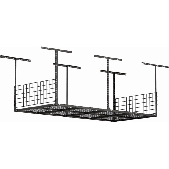 Garage Ceiling Storage Racks, 96" W x 48" D x 22-42" H Overhead Garage Storage Rack, Heavy-Duty Carbon-Steel 700lbs Rating, Adjustable Mounted Rack System with Side Guards
