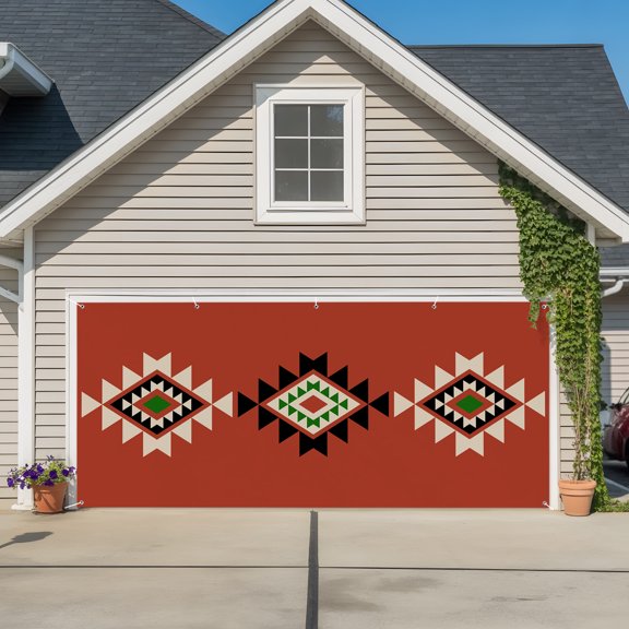 Garage Door Banner Abstract Aztec Tribal Boho Pattern Garage Door Banner Cover for Outdoor Indoor, Vintage Geometric on Red Large Backdrop Banners 6.9x8ft