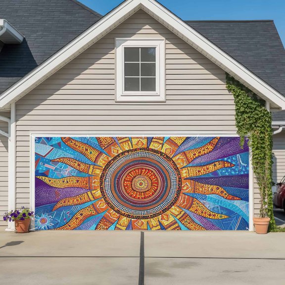 Garage Door Banner Abstract Boho Sun Floral Garage Door Banner Cover for Outdoor Indoor, Retro Bohemian Pattern Large Backdrop Banners 6.9x8ft