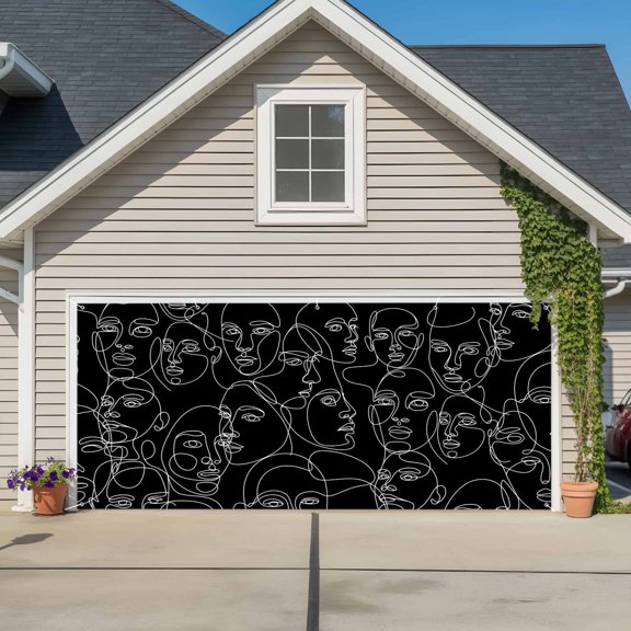 Garage Door Banner Abstract Character Face Modern Line Arts Garage Door Banner Cover for Outdoor Indoor, Black White Large Backdrop Banners 6.9x8ft