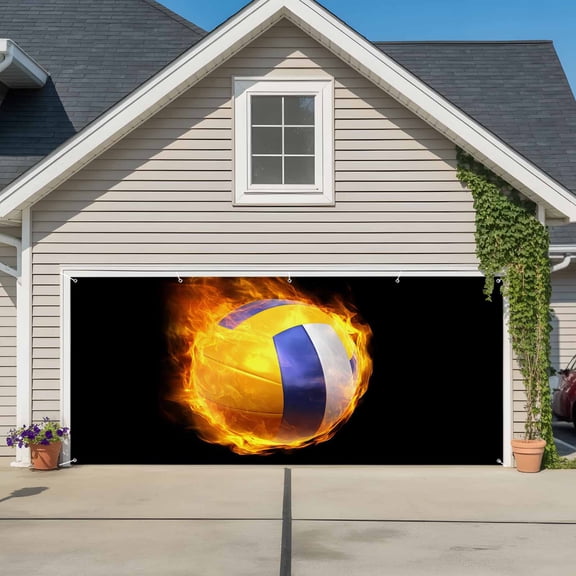 Garage Door Banner Abstract Flame Volleyball Garage Door Banner Cover for Outdoor Indoor, Modern Sport Art Large Backdrop Banners 6.9x16ft