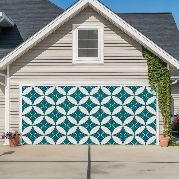 Garage Door Banner Abstract Green Geometric Medieval Garage Door Banner Cover for Outdoor Indoor, Elegant Printed Seamless Large Backdrop Banners 6.9x16ft