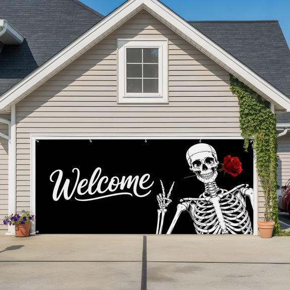 Garage Door Banner Abstract Skull Skeletons Rose Garage Door Banner Cover for Outdoor Indoor, Human Bone Black White Large Backdrop Banners 6.9x16ft