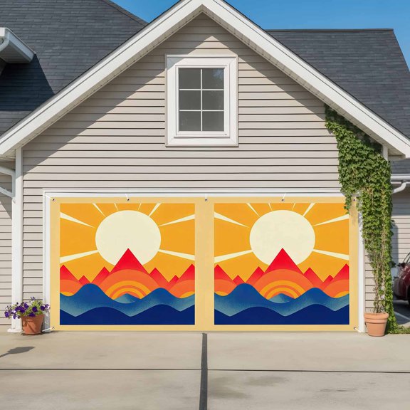 Garage Door Banner Abstract Sun Mountain Ocean Sea Garage Door Banner Cover for Outdoor Indoor, Geometric Stripe Wavy Line Large Backdrop Banners 6.9x8ft