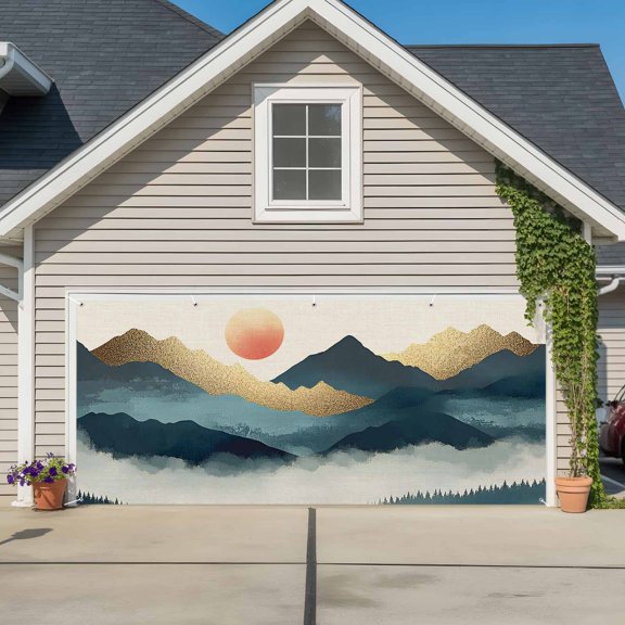 Garage Door Banner Abstract Sun Mountain Scenery Garage Door Banner Cover for Outdoor Indoor, Retro Gradient Art on Linen Large Backdrop Banners 6.9x8ft