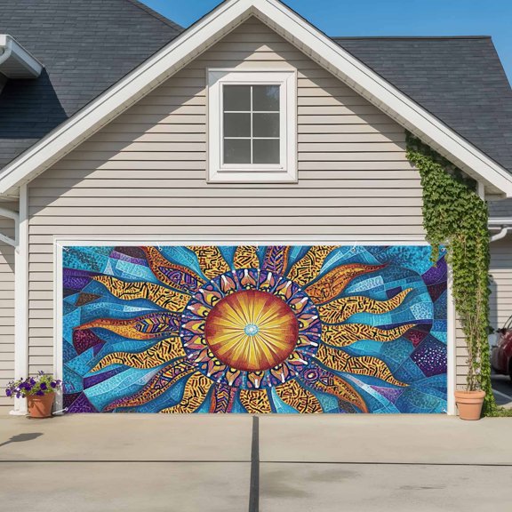 Garage Door Banner Abstract Sun Pattern Garage Door Banner Cover for Outdoor Indoor, Classic Bohemian Flame Large Backdrop Banners 6.9x8ft
