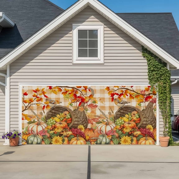 Garage Door Banner Autumn Maple Leaves Thanksgiving Pumpkin Garage Door Banner Cover for Outdoor Indoor, Farm Grapes Orange Plaid Large Backdrop Banners 6.9x16ft