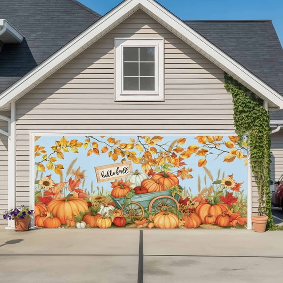 Garage Door Banner Autumn Orange Leaves Thanksgiving Pumpkin Garage Door Banner Cover for Outdoor Indoor, Farm Maple Leaves Blue Large Backdrop Banners 6.9x16ft