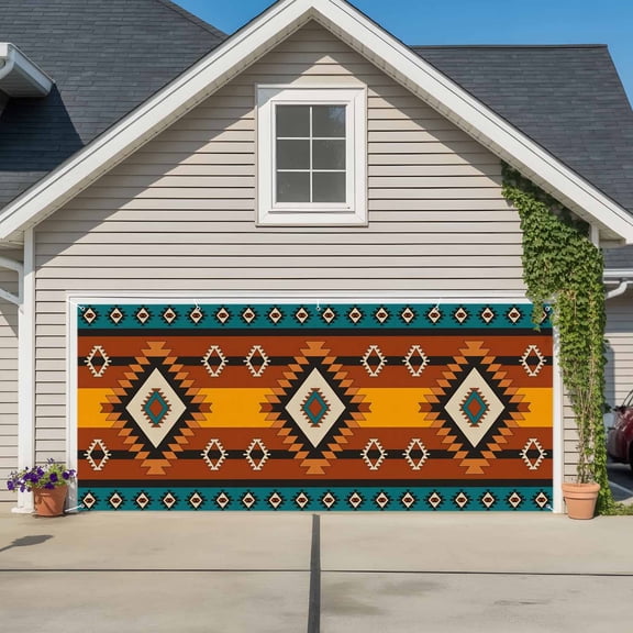 Garage Door Banner Aztec Tribe Ethnic Style Garage Door Banner Cover for Outdoor Indoor, Brown Color Block Large Backdrop Banners 6.9x16ft
