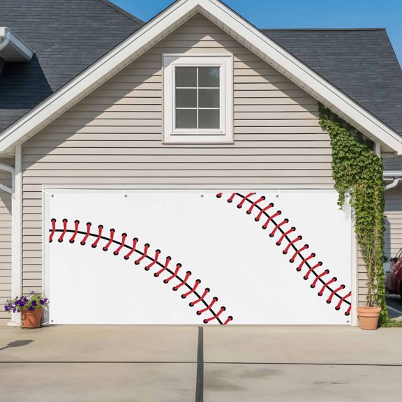 Garage Door Banner Baseball Sports Texture Garage Door Banner Cover for Outdoor Indoor, White Red Lines Large Backdrop Banners 6.9x16ft