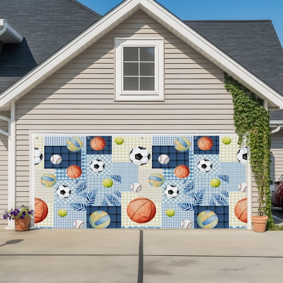 Garage Door Banner Basketball Football Baseball Garage Door Banner Cover for Outdoor Indoor, Sports Ball on Blue Paid Large Backdrop Banners 6.9x16ft