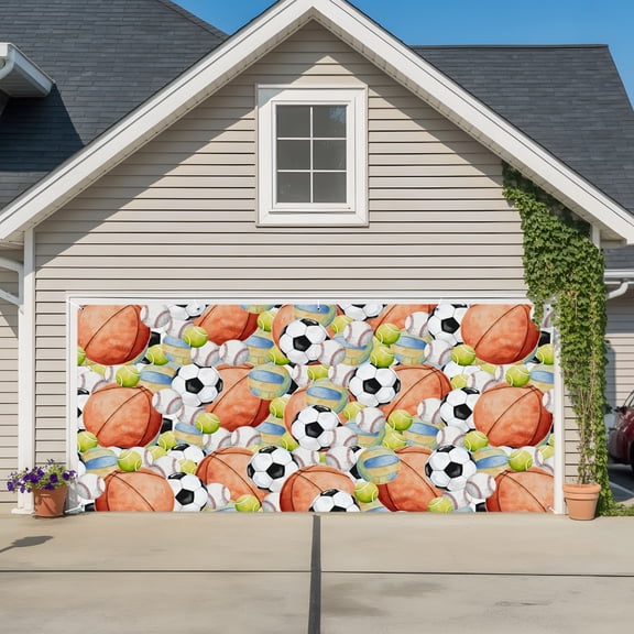 Garage Door Banner Basketball Soccer Baseball Garage Door Banner Cover for Outdoor Indoor, Multi Sport Balls Large Backdrop Banners 6.9x16ft