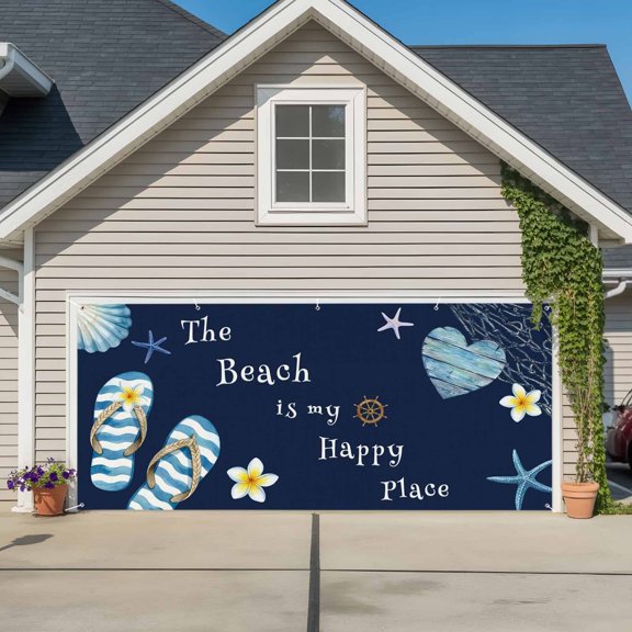 Garage Door Banner The Beach Is My Happy Place Garage Door Banner Cover for Outdoor Indoor, Flip Starfish Daisy Floral Large Backdrop Banners 6.9x16ft