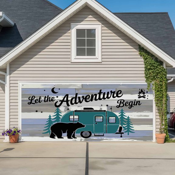 Garage Door Banner Bear Green Tree CV on Wood Grain Garage Door Banner Cover for Outdoor Indoor, Abstract Adventure Large Backdrop Banners 6.9x16ft