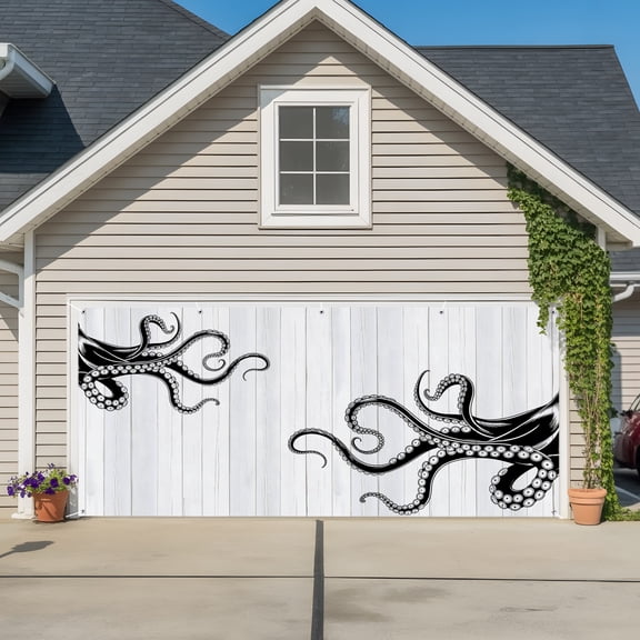 Garage Door Banner Black Giant Squid Garage Door Banner Cover for Outdoor Indoor, Wood Grain Background Large Backdrop Banners 6.9x16ft