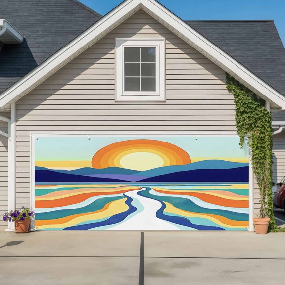 Garage Door Banner Boho Sun Mountain River Garage Door Banner Cover for Outdoor Indoor, Color Stripe Abstract Art Large Backdrop Banners 6.9x8ft